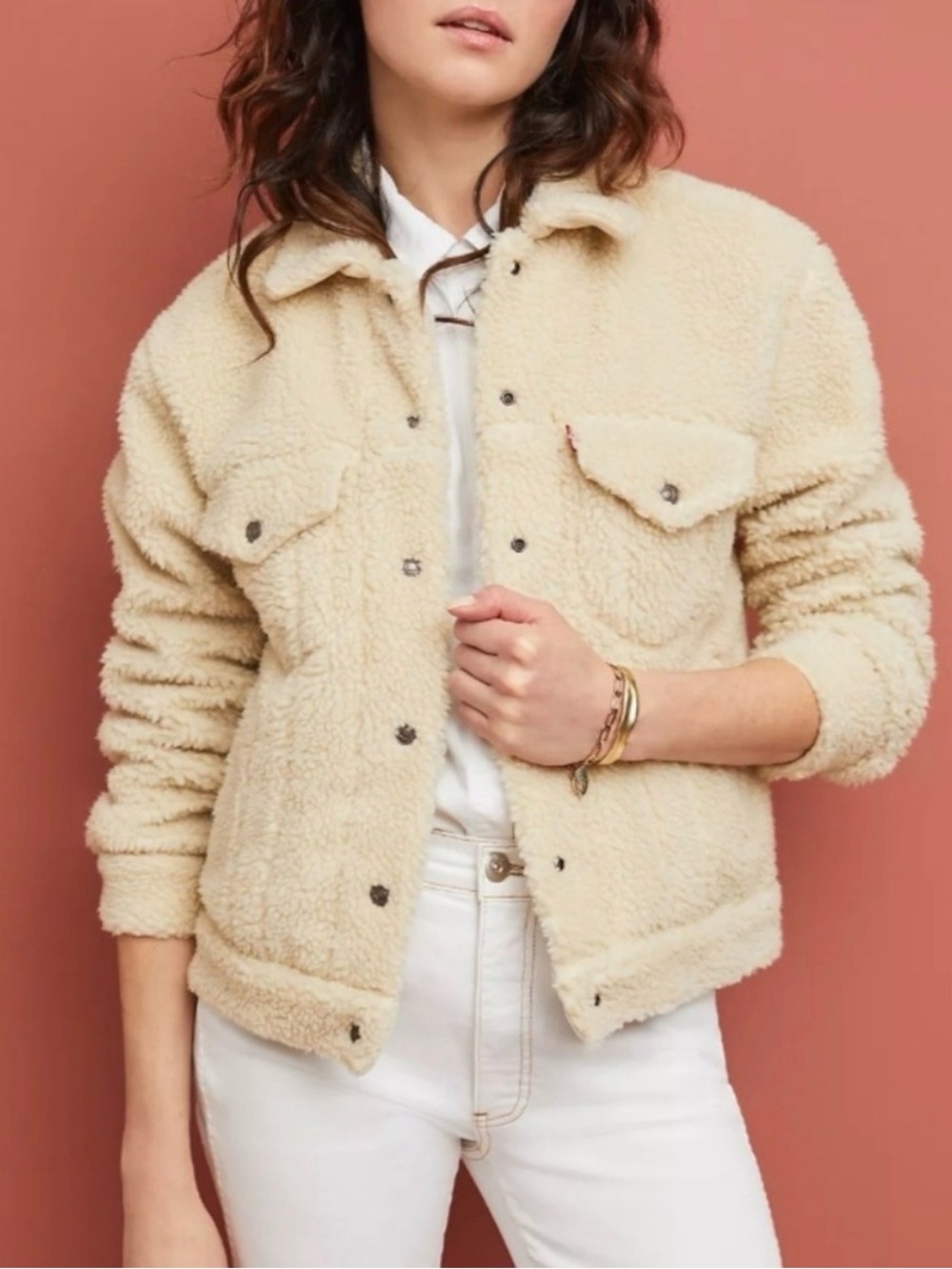Levis Womens Medium Sherpa Trucker Jacket Cream Teddy Fleece Ex Boyfriend